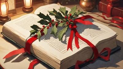 The primary subject of the image is a book with a bow on it. The book is placed on a table, and there is a red bow on the book. The setting is indoors, and the visual style appears to be a combination of photo and digital art. The colors in the image are predominantly red and green, giving the scene a warm and festive atmosphere.